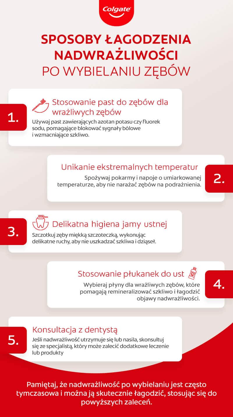 Sposoby łagodzenia nadwrażliwości po wybielaniu zębów – infografika Sposoby łagodzenia nadwrażliwości po wybielaniu zębów – infografika